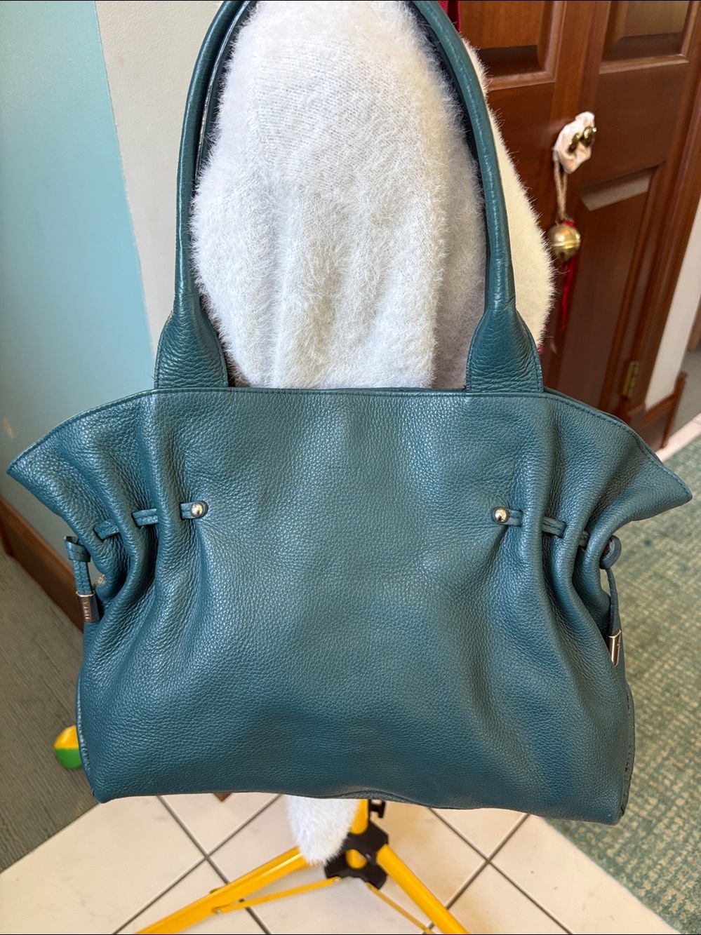 Furla Shoulder bag Tote bag drawstring Pebbled Leather forest green teal EUC